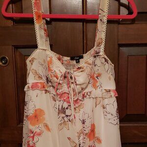 Ladies Sele Sz. M sundress; gathered under bust; gently used;flounce; ecru print